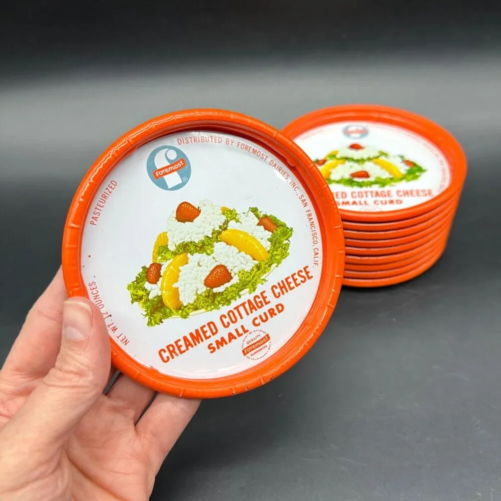 Vintage Foremost Creamed Cottage Cheese Lids 70s Kitsch Lot of 10 Coasters Metal